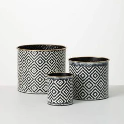 SULLIVANS Black and White Gemoetric Pattern Metal Planter (Set of 3)