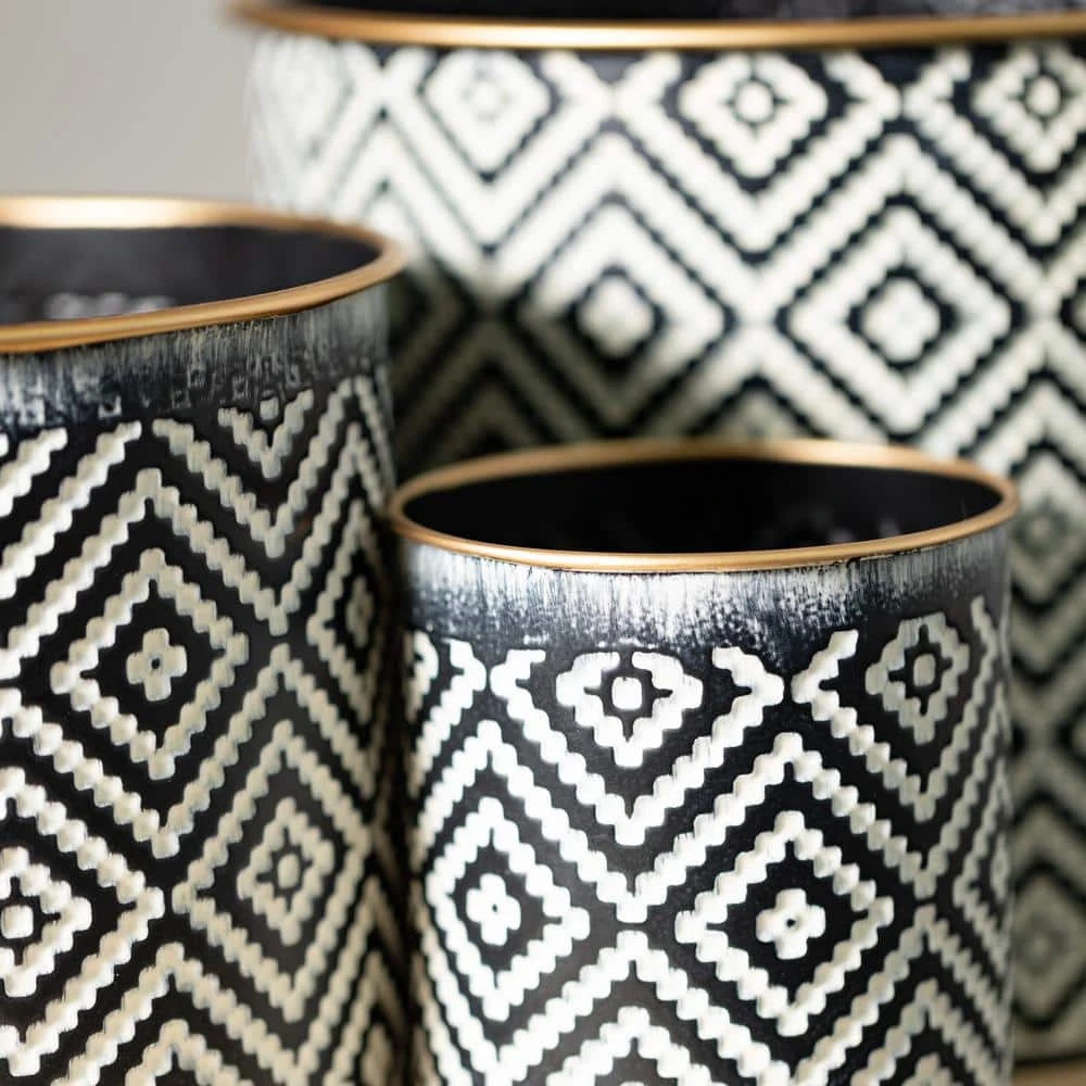 SULLIVANS Black and White Gemoetric Pattern Metal Planter (Set of 3) - Image 2