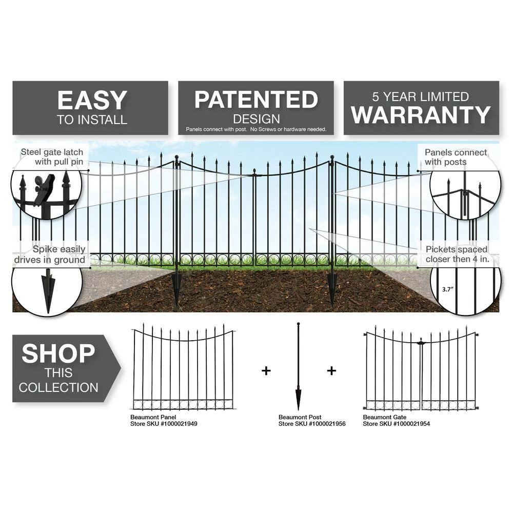 Vigoro Beaumont 40.4 in. H x 49.6 in. W Black Steel 3-Rail Fence Panel (4-Pack) - Image 8