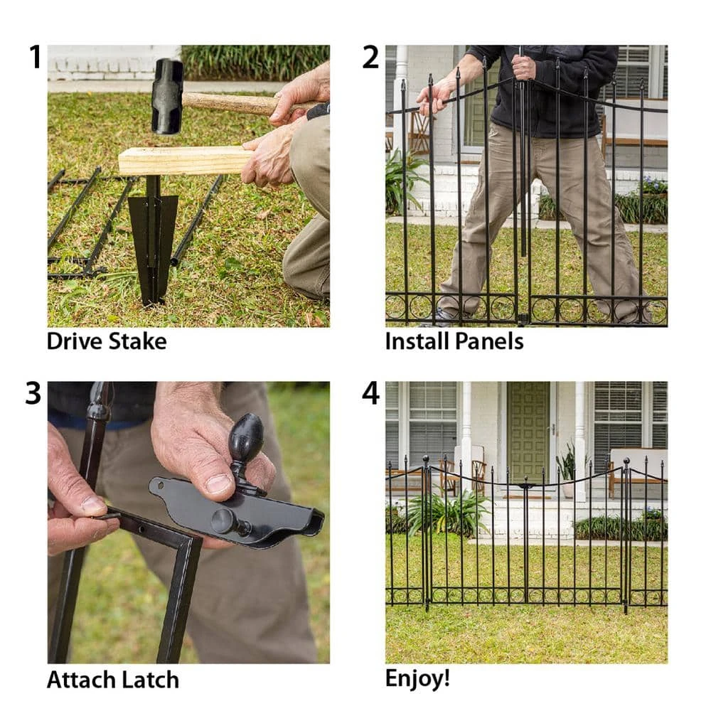 Vigoro Beaumont 40.4 in. H x 49.6 in. W Black Steel 3-Rail Fence Panel (4-Pack) - Image 12
