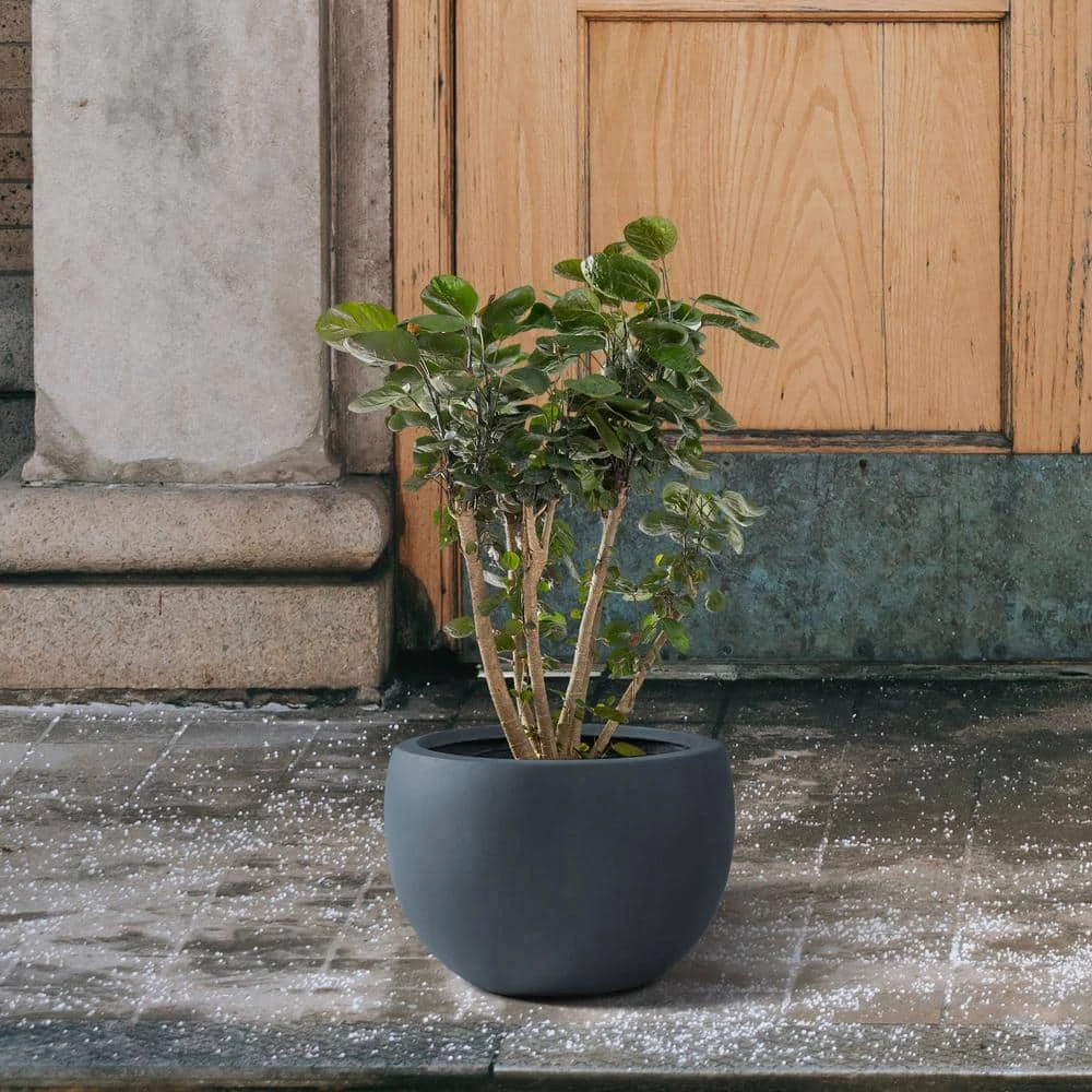 KANTE 8 in. H Charcoal Concrete and Fiberglass Round Bowl Planter, Outdoor Indoor Large Planters Pots with Drainage - Image 3