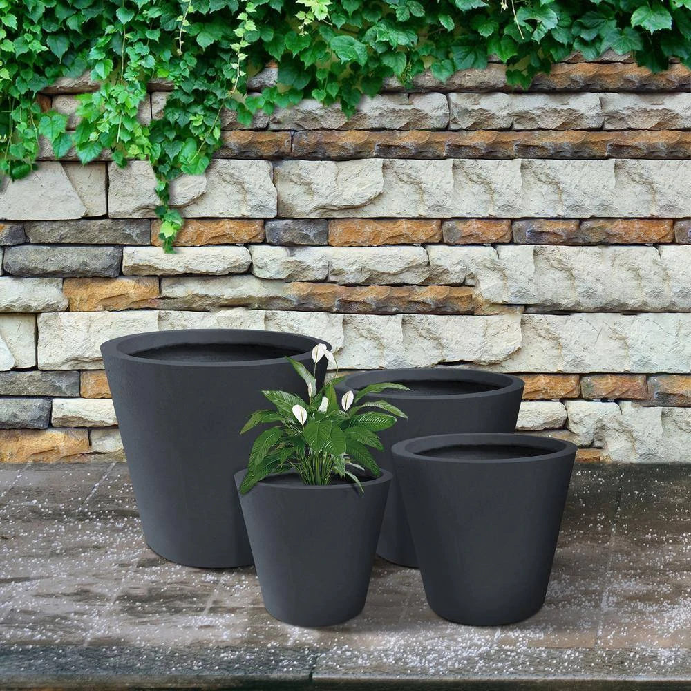 KANTE 20.9", 17.7", 15" & 12.6"H Cylindrical Charcoal Finish Lightweight Concrete Modern Planters Set of 4, Outdoor Indoor - Image 2