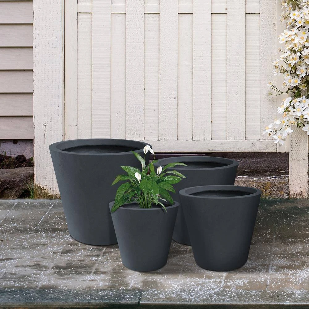 KANTE 20.9", 17.7", 15" & 12.6"H Cylindrical Charcoal Finish Lightweight Concrete Modern Planters Set of 4, Outdoor Indoor - Image 3