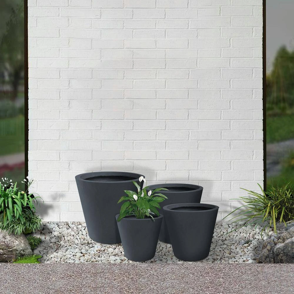 KANTE 20.9", 17.7", 15" & 12.6"H Cylindrical Charcoal Finish Lightweight Concrete Modern Planters Set of 4, Outdoor Indoor - Image 9