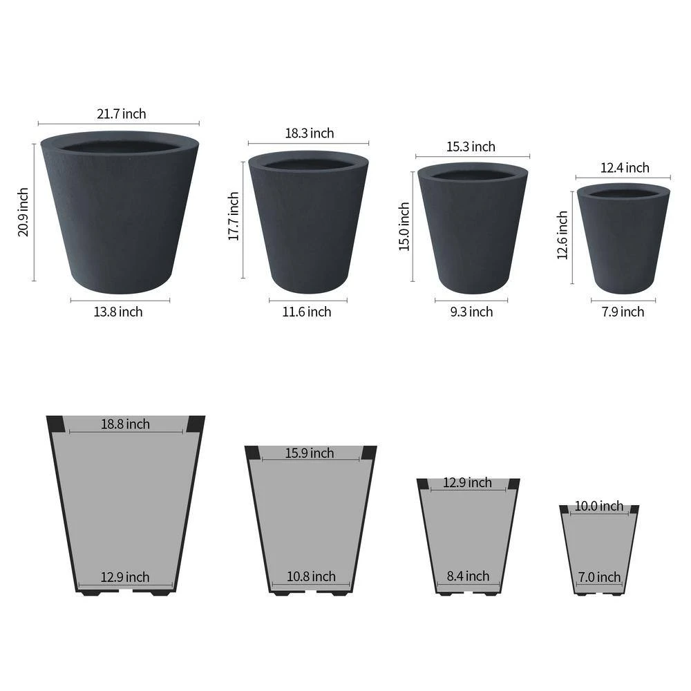 KANTE 20.9", 17.7", 15" & 12.6"H Cylindrical Charcoal Finish Lightweight Concrete Modern Planters Set of 4, Outdoor Indoor - Image 4
