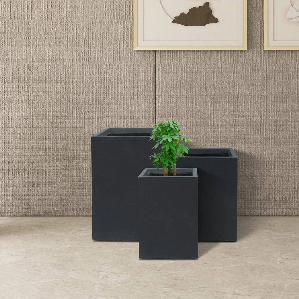 KANTE 19", 16" and 13"H Charcoal Finish Concrete Tall Square Set of 3, Outdoor Indoor Lightweight Planters w/ Drainage Hole - Image 5