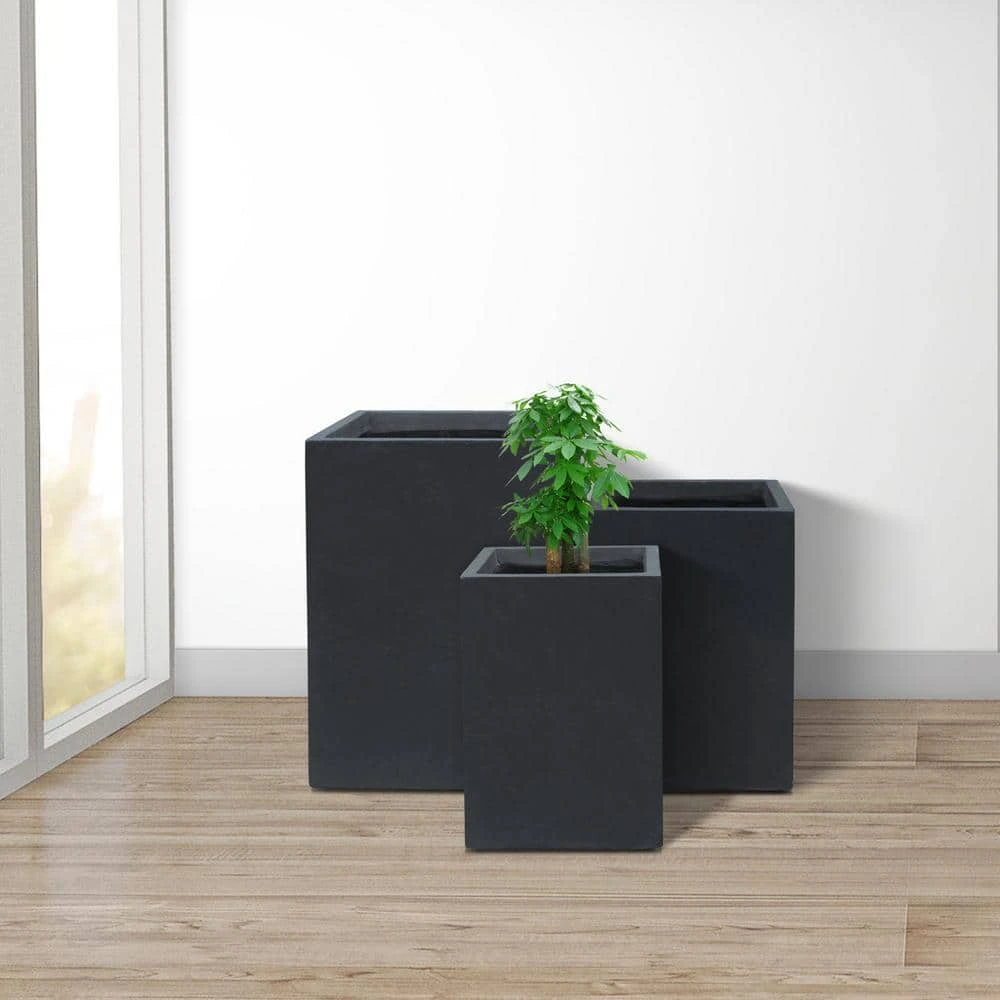 KANTE 19", 16" and 13"H Charcoal Finish Concrete Tall Square Set of 3, Outdoor Indoor Lightweight Planters w/ Drainage Hole - Image 6