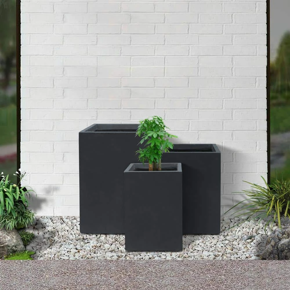 KANTE 19", 16" and 13"H Charcoal Finish Concrete Tall Square Set of 3, Outdoor Indoor Lightweight Planters w/ Drainage Hole - Image 4