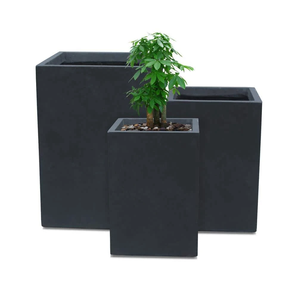 KANTE 19", 16" and 13"H Charcoal Finish Concrete Tall Square Set of 3, Outdoor Indoor Lightweight Planters w/ Drainage Hole