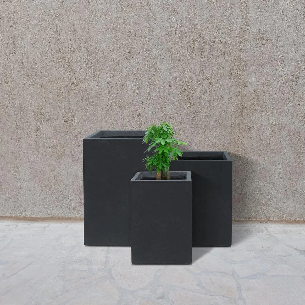 KANTE 19", 16" and 13"H Charcoal Finish Concrete Tall Square Set of 3, Outdoor Indoor Lightweight Planters w/ Drainage Hole - Image 8