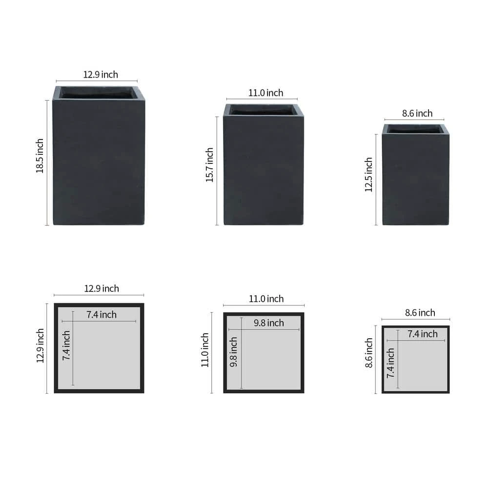 KANTE 19", 16" and 13"H Charcoal Finish Concrete Tall Square Set of 3, Outdoor Indoor Lightweight Planters w/ Drainage Hole - Image 3