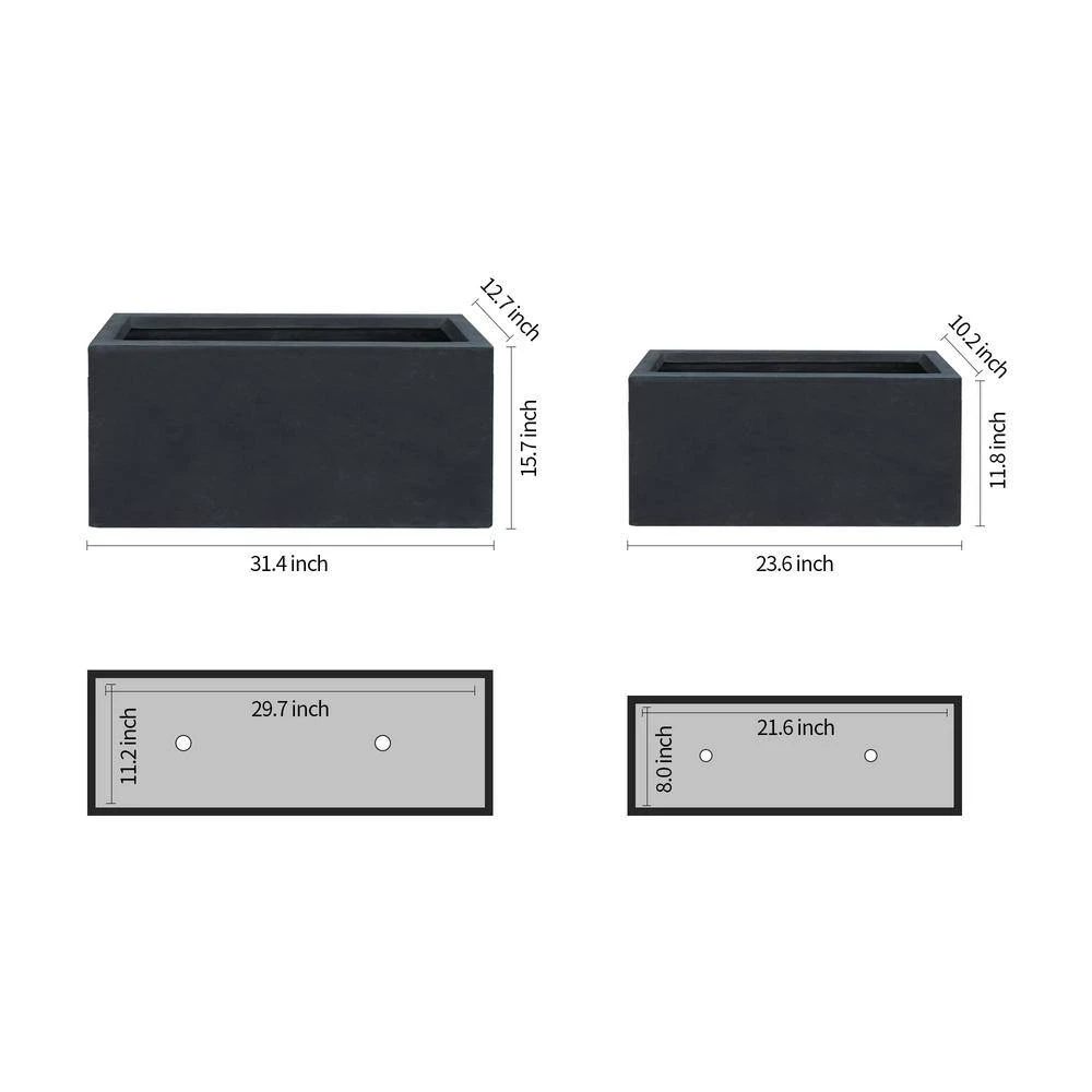 KANTE 31.4 in. & 23.6 in. L Rectangular Charcoal Lightweight Long Low Planters w/Drainage Hole (Set of 2), Outdoor/Indoor - Image 2