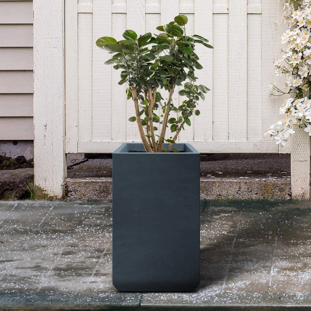 KANTE 27.6 in. H Square Charcoal Concrete and Fiberglass Tall Planter Outdoor Indoor Lightweight Plant Pots - Image 4