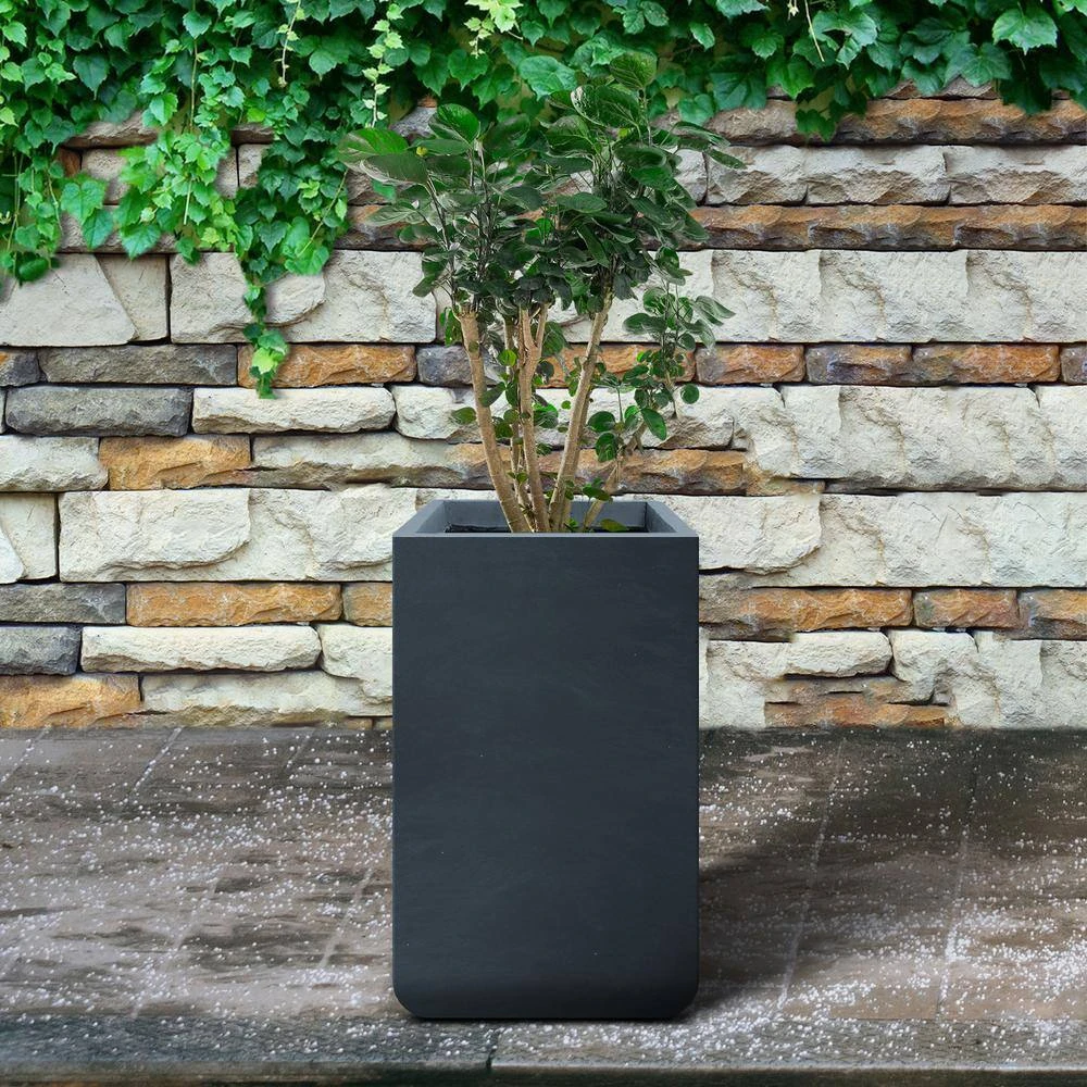KANTE 27.6 in. H Square Charcoal Concrete and Fiberglass Tall Planter Outdoor Indoor Lightweight Plant Pots - Image 5