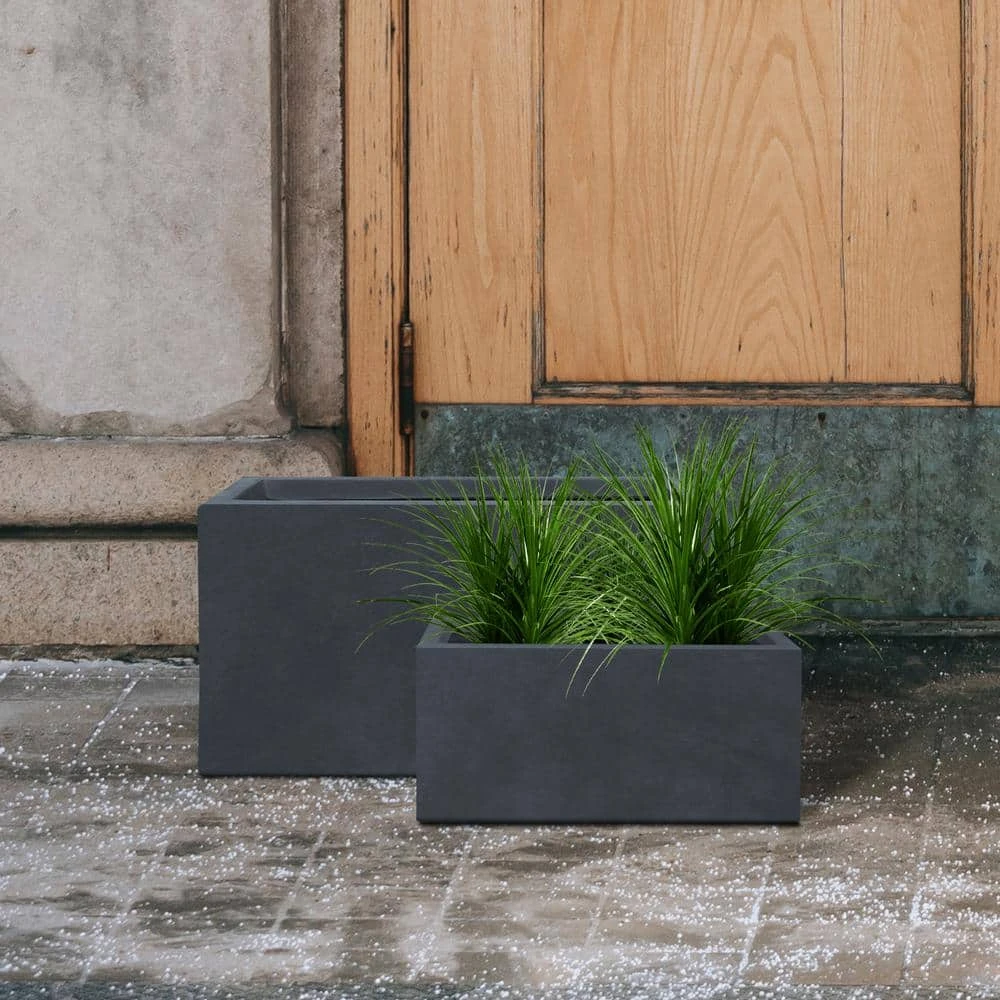 KANTE 31.4" & 23.6"L Rectangular Charcoal Finish Lightweight Concrete Long Planters w/Drainage Hole Set of 2, Outdoor/Indoor - Image 2