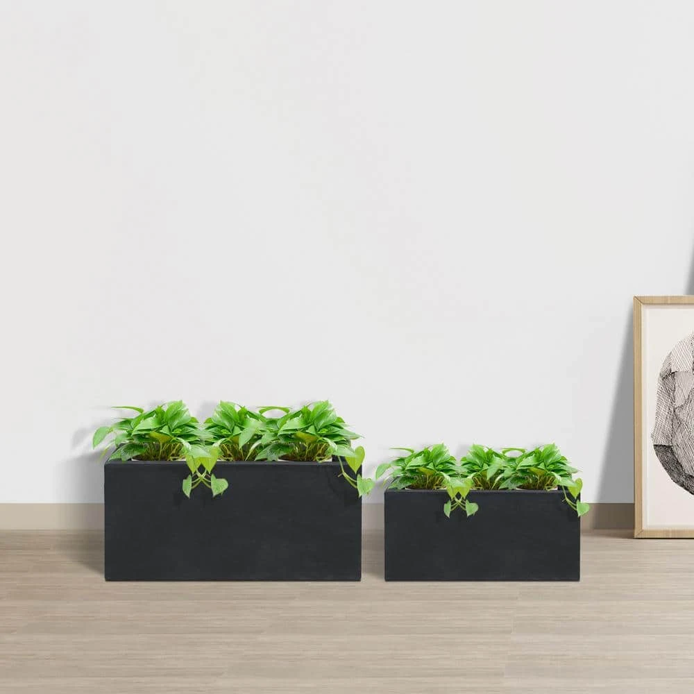 KANTE 31.4" & 23.6"L Rectangular Charcoal Finish Lightweight Concrete Long Planters w/Drainage Hole Set of 2, Outdoor/Indoor - Image 6