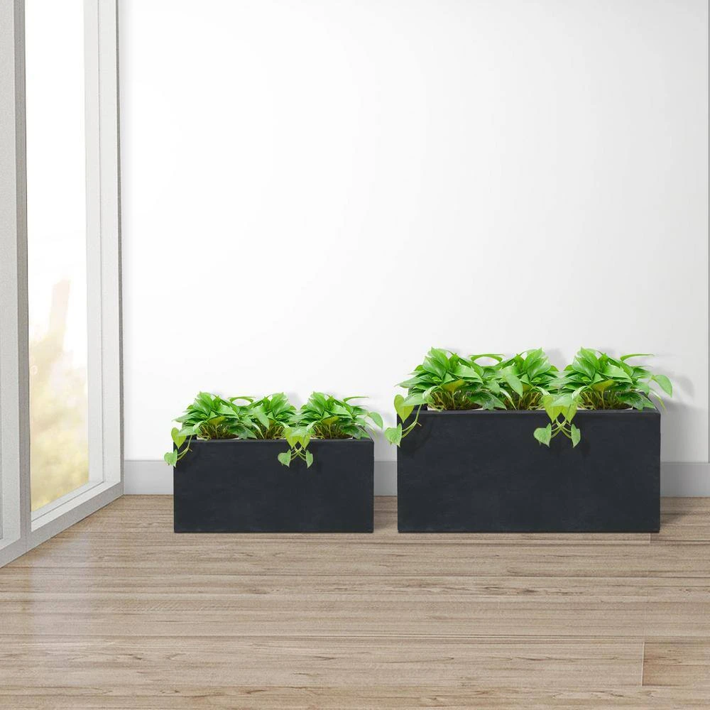 KANTE 31.4" & 23.6"L Rectangular Charcoal Finish Lightweight Concrete Long Planters w/Drainage Hole Set of 2, Outdoor/Indoor - Image 7