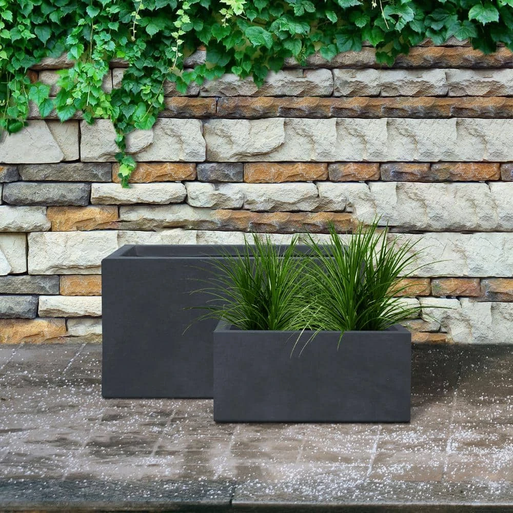KANTE 31.4" & 23.6"L Rectangular Charcoal Finish Lightweight Concrete Long Planters w/Drainage Hole Set of 2, Outdoor/Indoor - Image 3