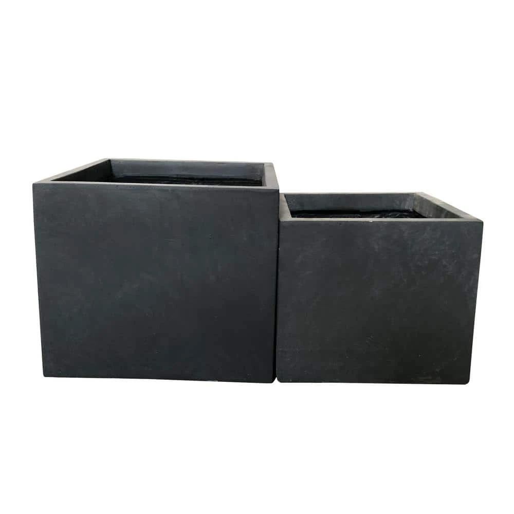 KANTE 11.8 in. W Square Charcoal Lightweight Concrete and Fiberglass Planters with Drainage Holes (Set of 2)