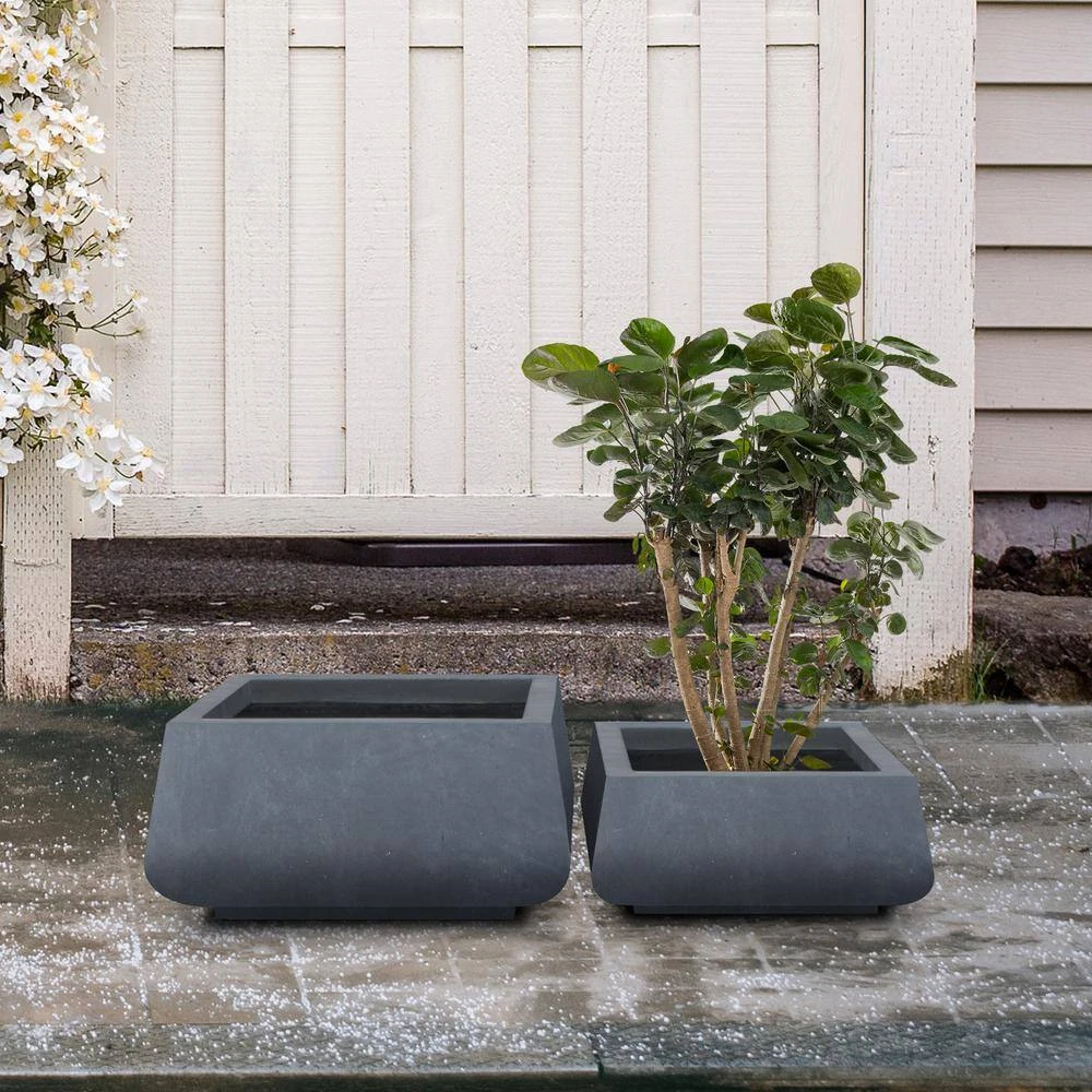 KANTE 21.2 in. and 16.1 in. W Square Charcoal Finish Lightweight Concrete/Fiberglass Planters with Drainage Holes (Set of 2) - Image 5
