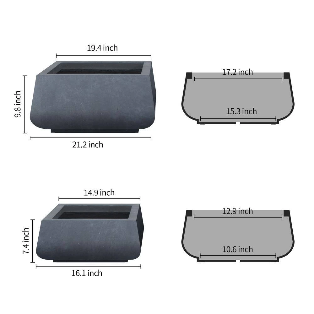 KANTE 21.2 in. and 16.1 in. W Square Charcoal Finish Lightweight Concrete/Fiberglass Planters with Drainage Holes (Set of 2) - Image 2