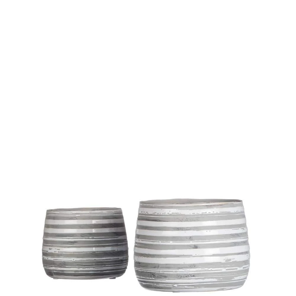 SULLIVANS Gray and White Ceramic Striped Planter - Set of 2 - Image 2