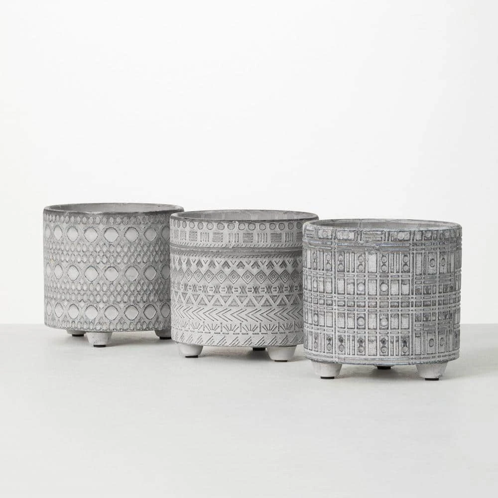 SULLIVANS Gray Geometric Print Cement Pot - Set of 3