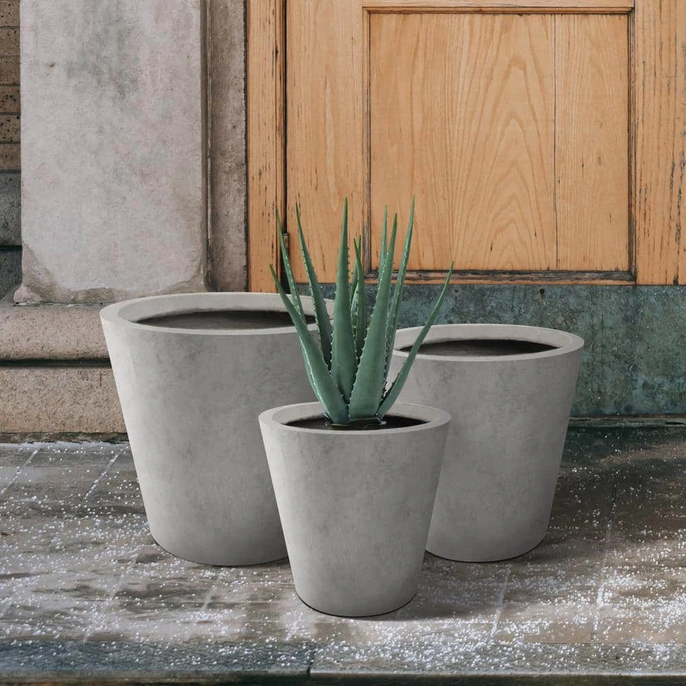 KANTE Large, Medium, Small Round Natural Finish Lightweight Concrete and Weather Resistant Fiberglass Planters (Set of 3) - Image 6