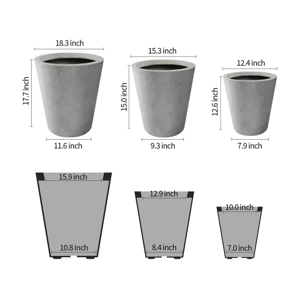 KANTE Large, Medium, Small Round Natural Finish Lightweight Concrete and Weather Resistant Fiberglass Planters (Set of 3) - Image 4