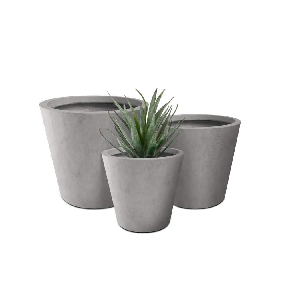 KANTE Large, Medium, Small Round Natural Finish Lightweight Concrete and Weather Resistant Fiberglass Planters (Set of 3)