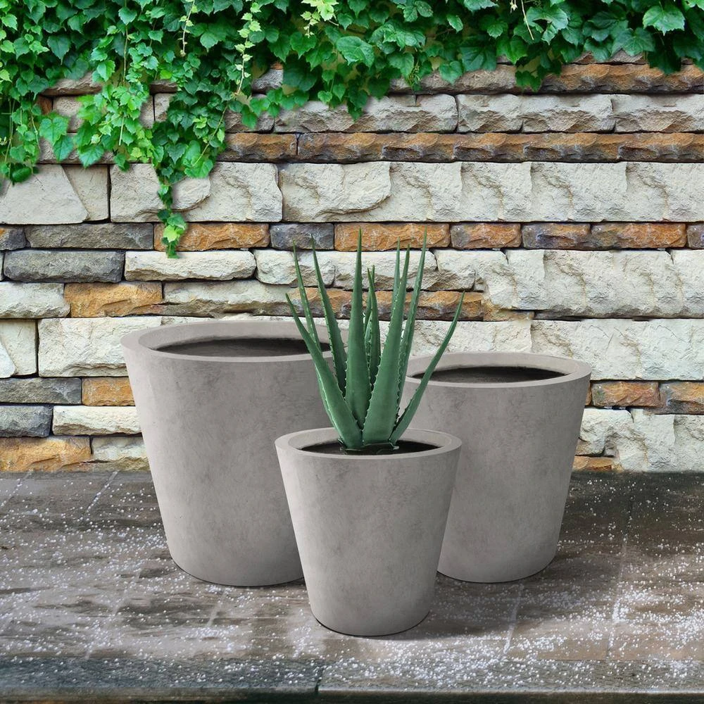 KANTE Large, Medium, Small Round Natural Finish Lightweight Concrete and Weather Resistant Fiberglass Planters (Set of 3) - Image 8