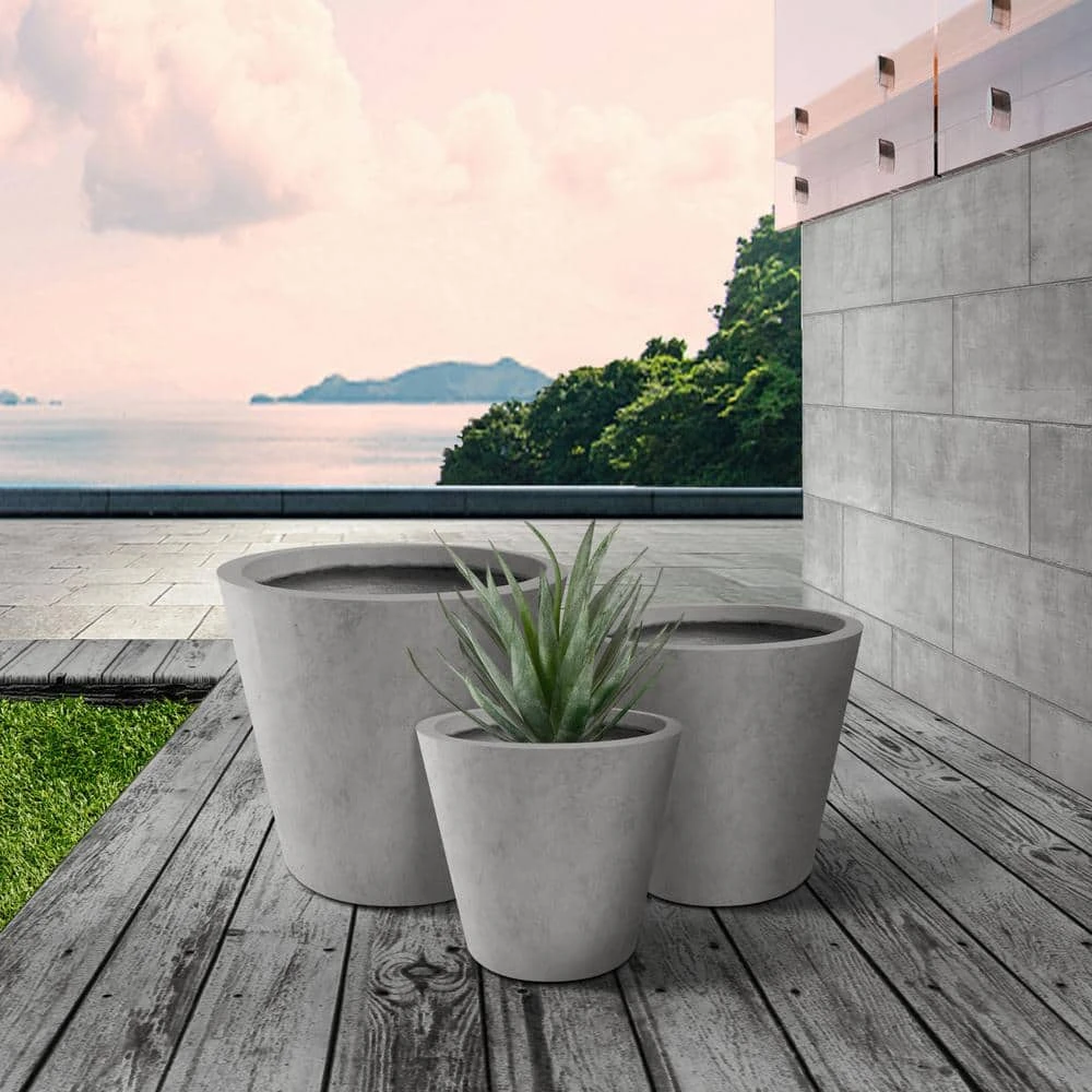KANTE Large, Medium, Small Round Natural Finish Lightweight Concrete and Weather Resistant Fiberglass Planters (Set of 3) - Image 3