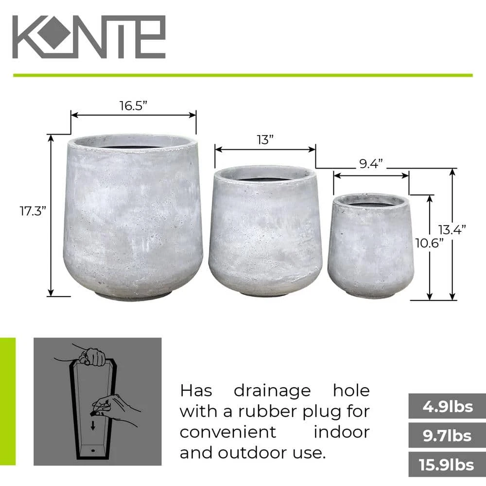 KANTE 17.3 in. Tall Natural Lightweight Concrete Footed Tulip Outdoor Round Planter (Set of 3) - Image 5