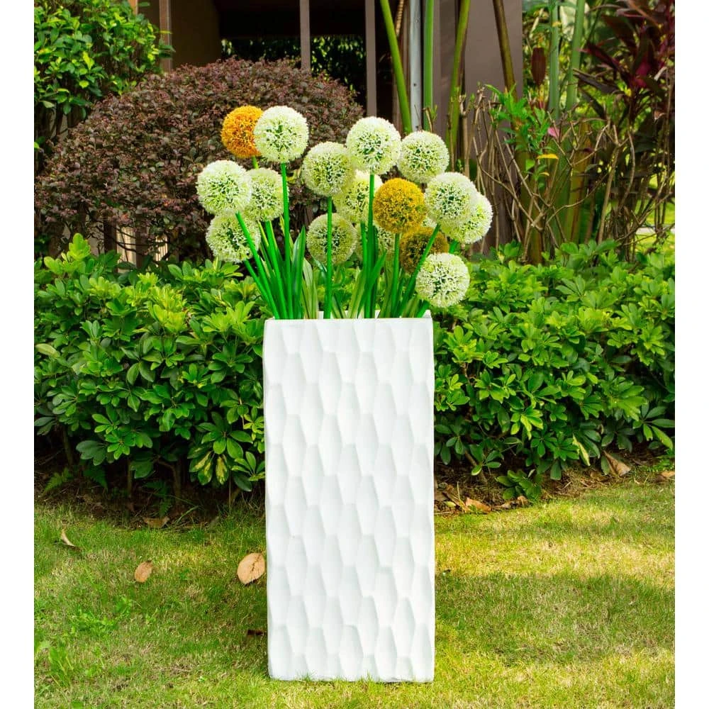 KANTE 27.6 in. H Square Pure White Concrete/Fiberglass Indoor Outdoor Elegant Retro Tall Planter