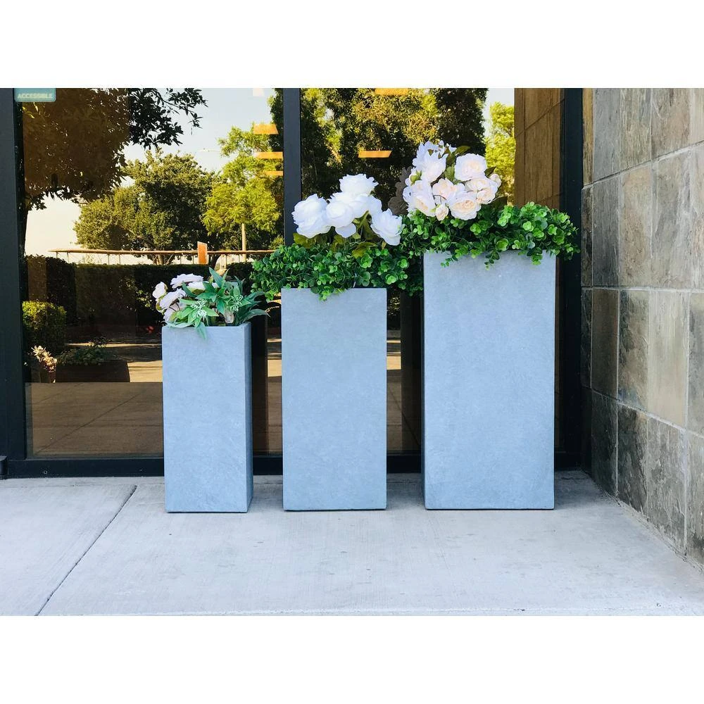 KANTE 28 in. x 24 in. and 20 in. H Square Slate Gray Concrete/Fiberglass Indoor Outdoor Modern Tall Planters - Image 5