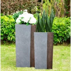 KANTE 28 in and 24 in. H Square Timber Ridge Concrete/Fiberglass Indoor Outdoor Elegant Tall Planters (Set of 2)