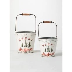 SULLIVANS White Merry Christmas Metal Bucket (Set of 2)