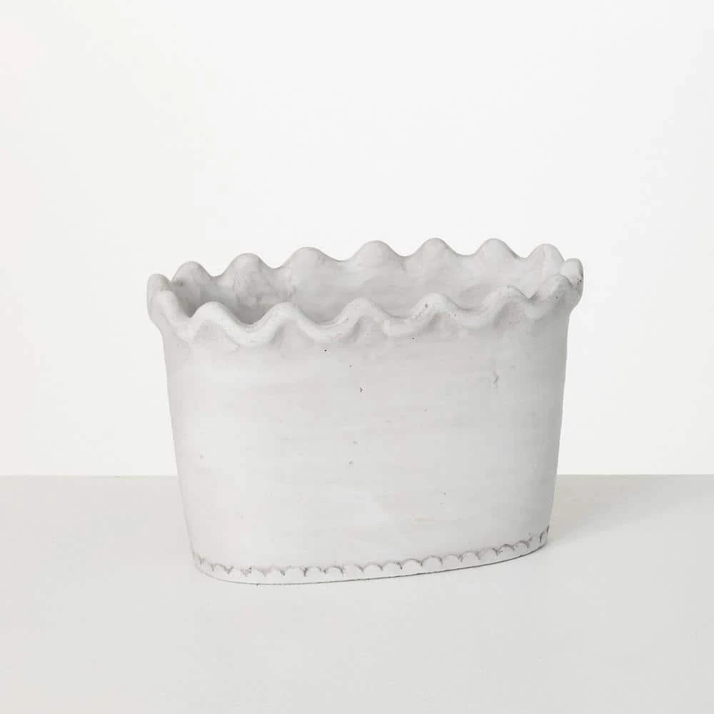 SULLIVANS White Scalloped Edge Cement Garden Pot